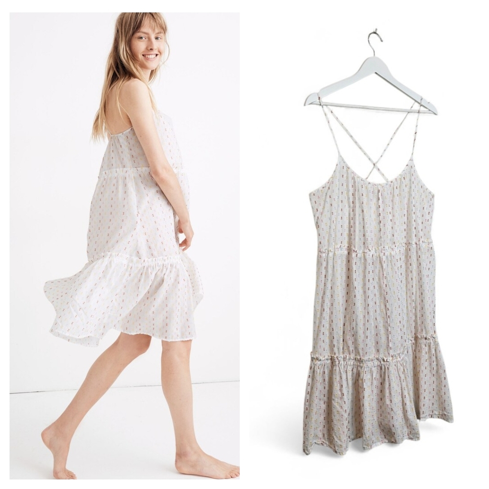 Madewell Tiered Cover-Up Dress L Rainbow Clipdot Crisscross Beach Resort Swim